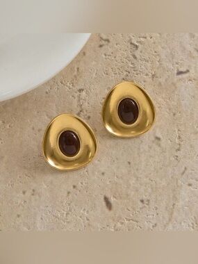 Gold and Brown Resin Dome Stud Earrings - Women Jewelry